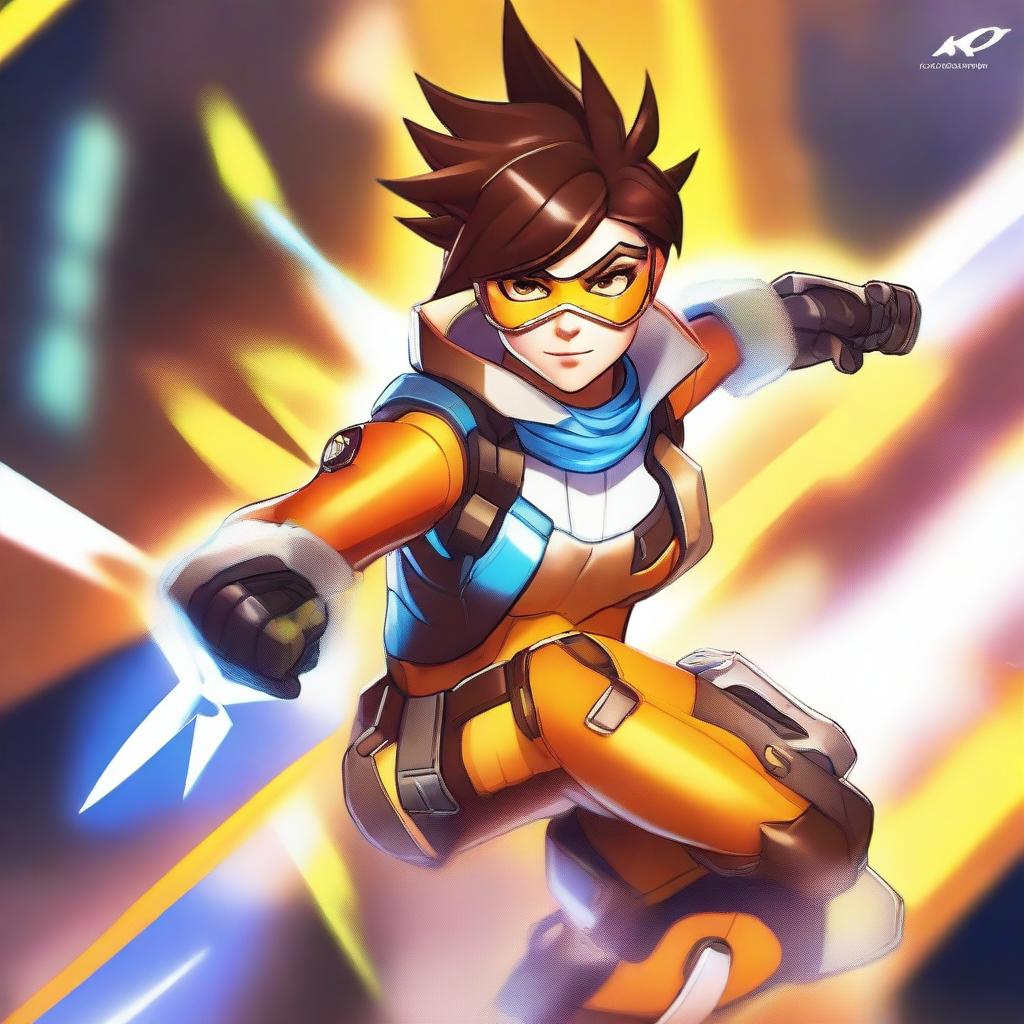 A high-quality digital art image depicts Tracer, the iconic character from the Overwatch game