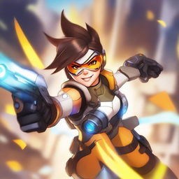 A high-quality digital art image depicts Tracer, the iconic character from the Overwatch game