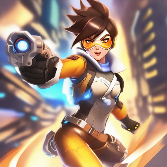 A high-quality digital art image depicts Tracer, the iconic character from the Overwatch game