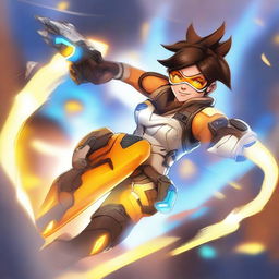 A high-quality digital art image depicts Tracer, the iconic character from the Overwatch game