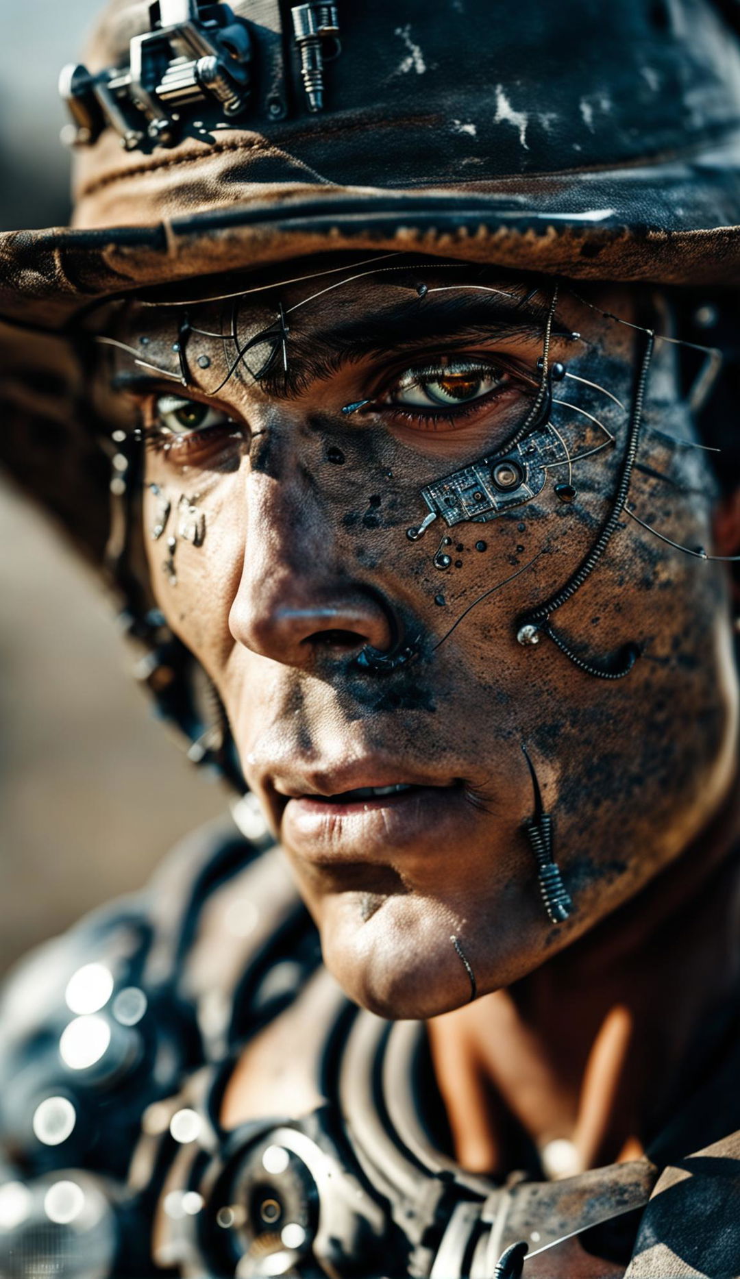 Ultra-close up editorial photograph of a handsome futuristic cowboy with intricate cybernetic facial enhancements in 32k resolution.