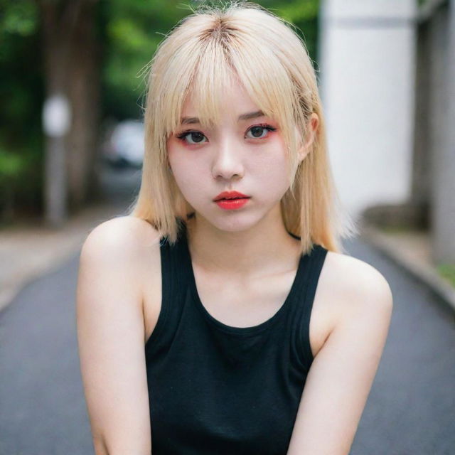 A Japanese girl with blonde hair, vibrant red eyes, wearing black shorts.