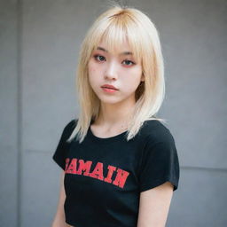 A Japanese girl with blonde hair, vibrant red eyes, wearing black shorts.