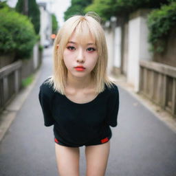 A Japanese girl with blonde hair, vibrant red eyes, wearing black shorts.