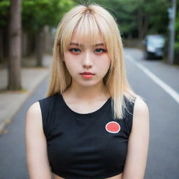 A Japanese girl with blonde hair, vibrant red eyes, wearing black shorts.