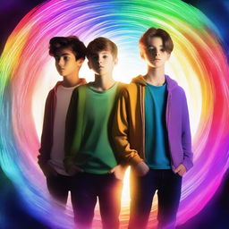 This digital art showcases three teenage boys, each with a unique style and expression, standing confidently in front of a swirling time portal