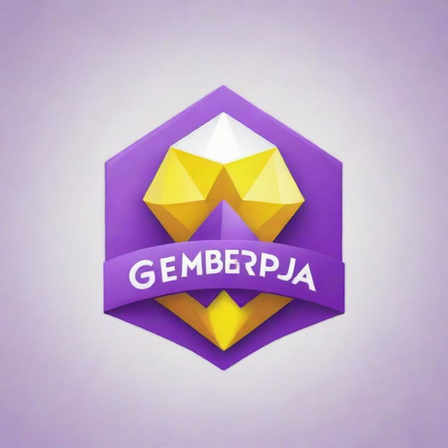 Generate a joyful and cheerful logo featuring the text 'gembirapedia'. The color scheme consists of purple, yellow, and white.