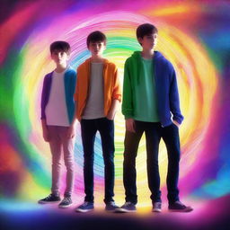 This digital art showcases three teenage boys, each with a unique style and expression, standing confidently in front of a swirling time portal