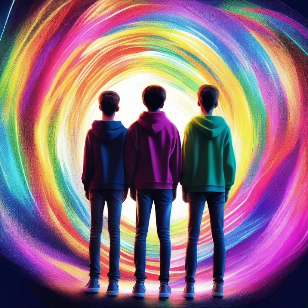 This digital art showcases three teenage boys, each with a unique style and expression, standing confidently in front of a swirling time portal