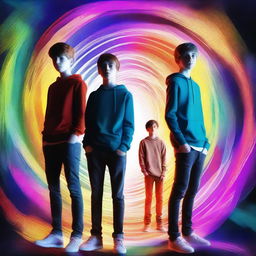 This digital art showcases three teenage boys, each with a unique style and expression, standing confidently in front of a swirling time portal