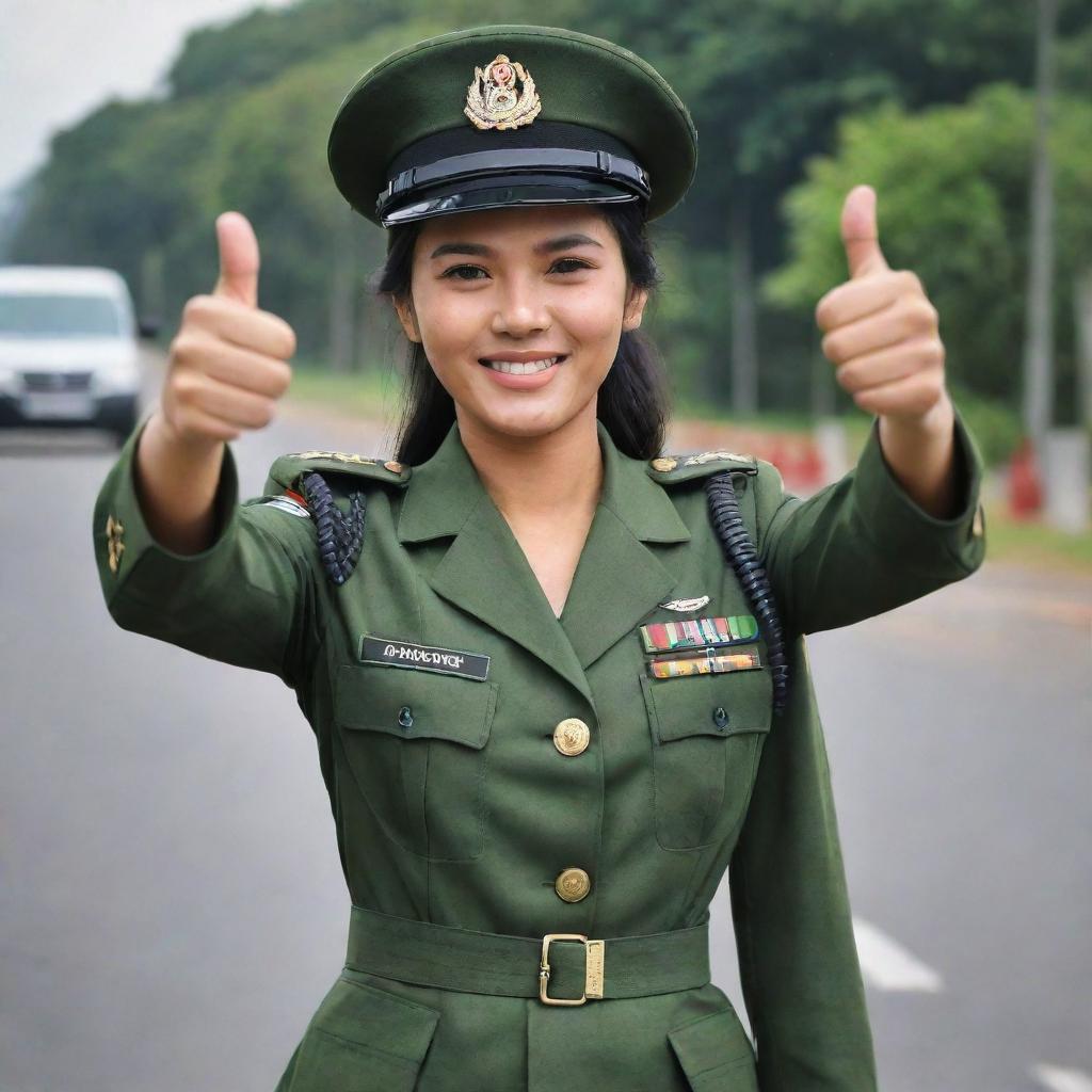 A beautiful female Indonesian military (TNI) non-commissioned officer giving a thumbs-up sign