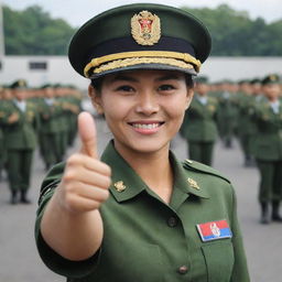 A beautiful female Indonesian military (TNI) non-commissioned officer giving a thumbs-up sign