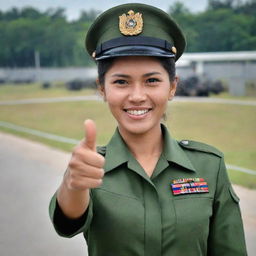 A beautiful female Indonesian military (TNI) non-commissioned officer giving a thumbs-up sign