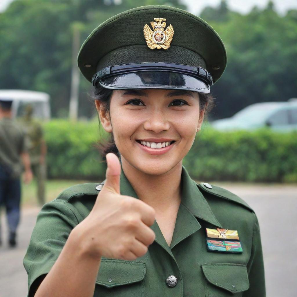 A beautiful female Indonesian military (TNI) non-commissioned officer giving a thumbs-up sign