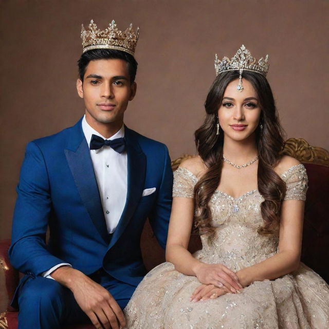 A handsome young man named Aman, seated next to his girlfriend who is elegantly donned in a beautiful crown.