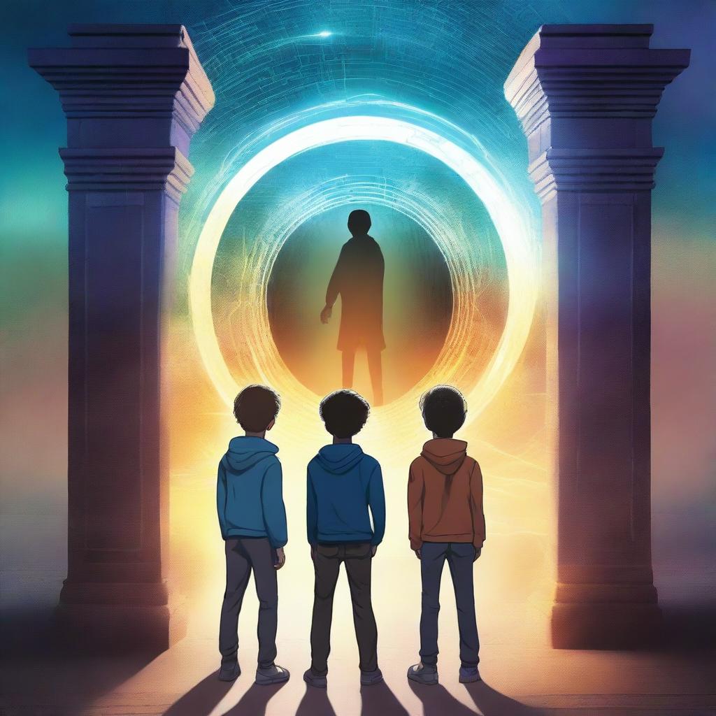 A high-quality digital art image for a modern book cover, featuring three boys standing in front of a time portal gate