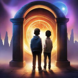 A high-quality digital art image for a modern book cover, featuring three boys standing in front of a time portal gate