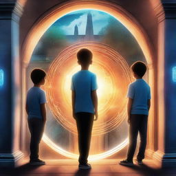 A high-quality digital art image for a modern book cover, featuring three boys standing in front of a time portal gate