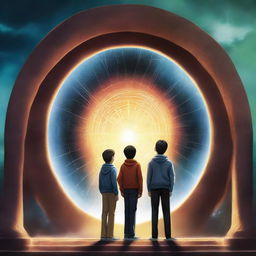 A high-quality digital art image for a modern book cover, featuring three boys standing in front of a time portal gate