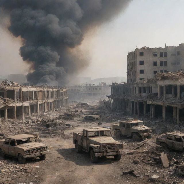 A war zone scene with chaotic ruins, hazy smoke-filled skies, half-demolished buildings, and abandoned military vehicles scattered around.