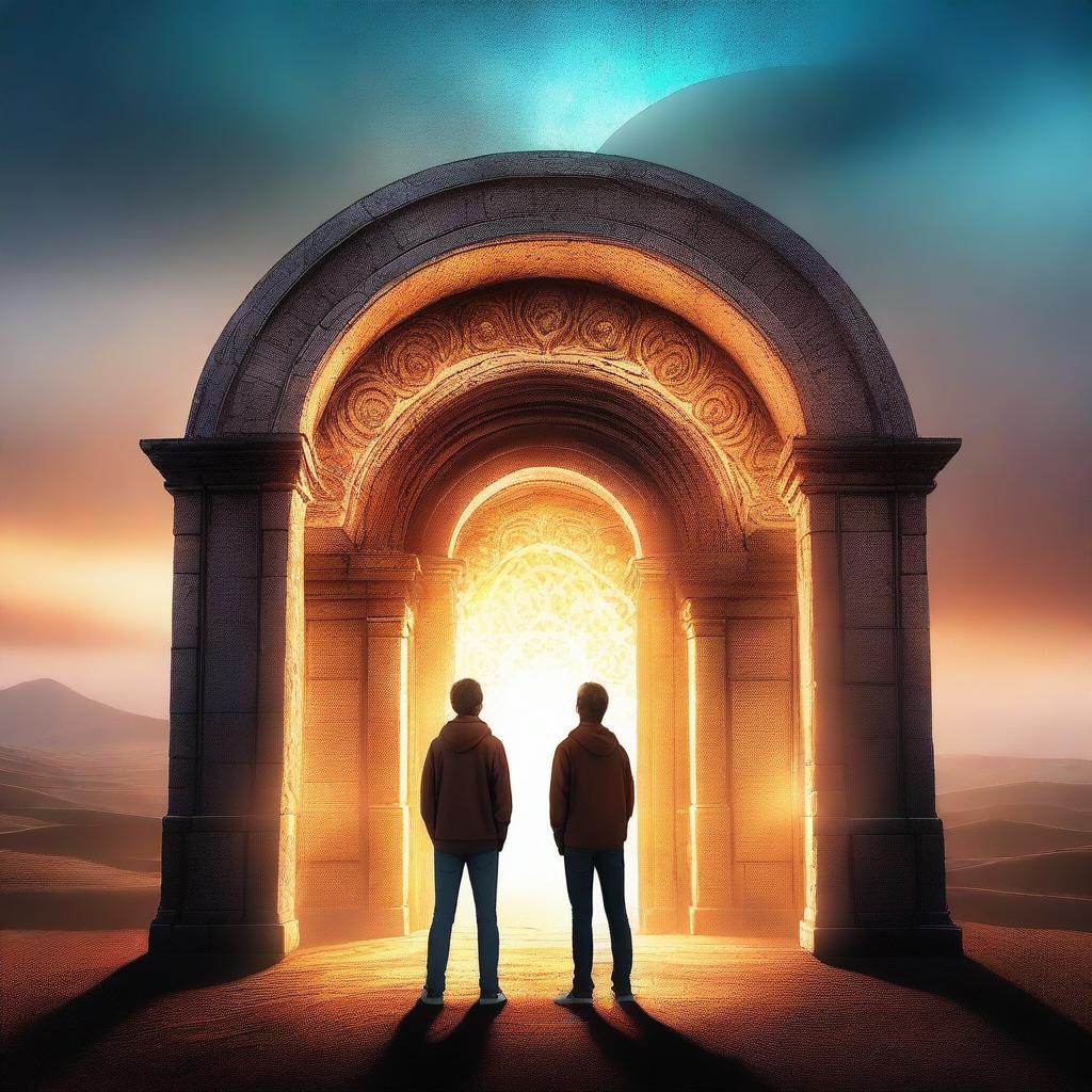 An image of the highest quality, showing three teenage boys standing in front of a time portal gate