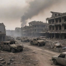 A war zone scene with chaotic ruins, hazy smoke-filled skies, half-demolished buildings, and abandoned military vehicles scattered around.