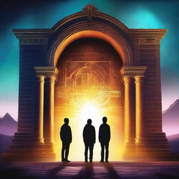 An image of the highest quality, showing three teenage boys standing in front of a time portal gate