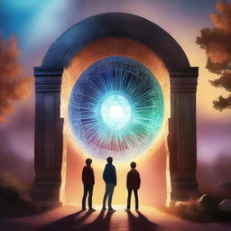 An image of the highest quality, showing three teenage boys standing in front of a time portal gate