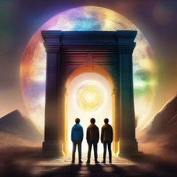 An image of the highest quality, showing three teenage boys standing in front of a time portal gate