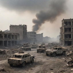 A war zone scene with chaotic ruins, hazy smoke-filled skies, half-demolished buildings, and abandoned military vehicles scattered around.