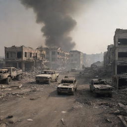 A war zone scene with chaotic ruins, hazy smoke-filled skies, half-demolished buildings, and abandoned military vehicles scattered around.