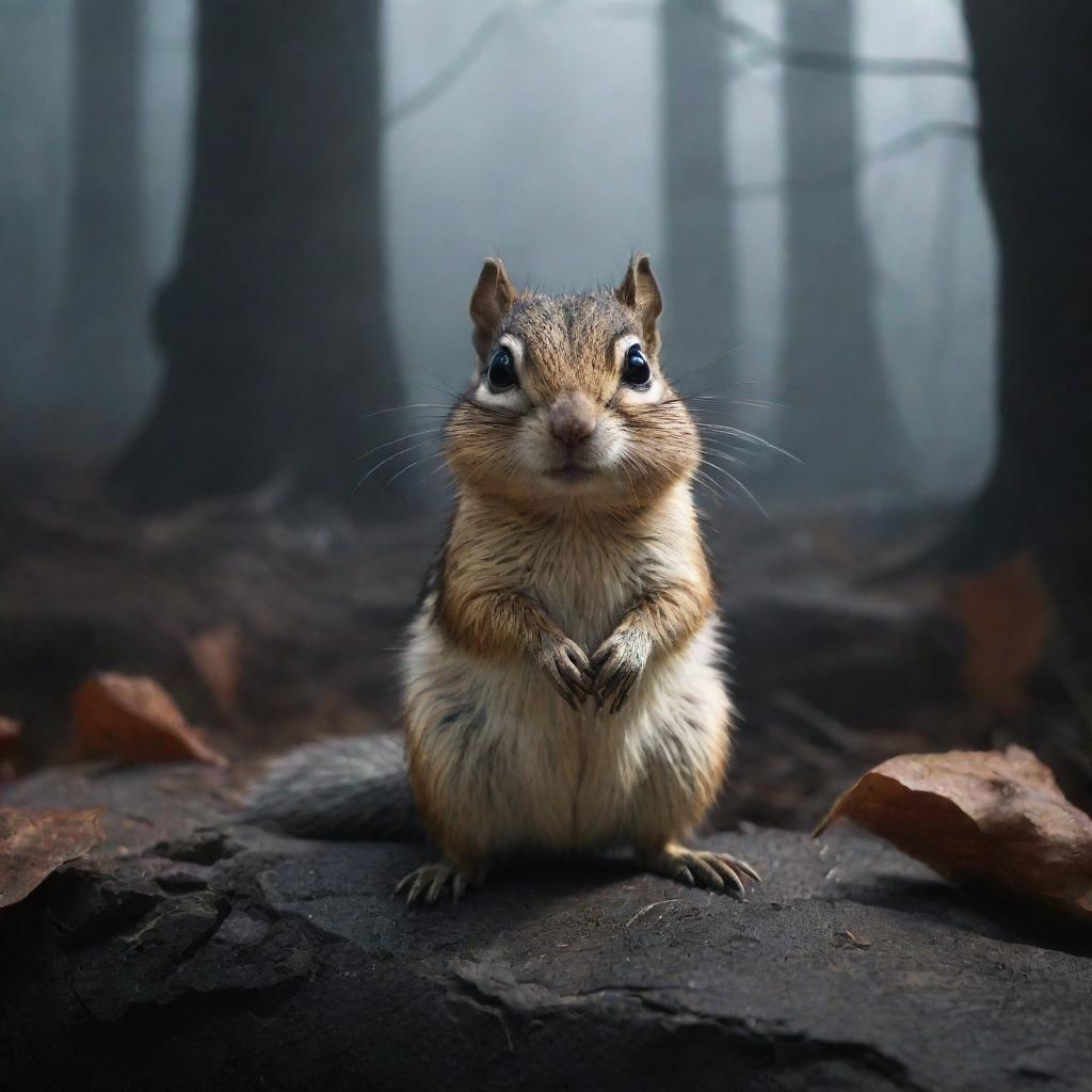 A chipmunk in a spooky, eerie environment with detailed scary elements