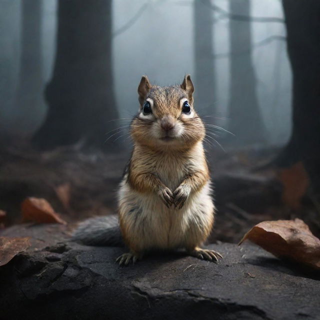 A chipmunk in a spooky, eerie environment with detailed scary elements