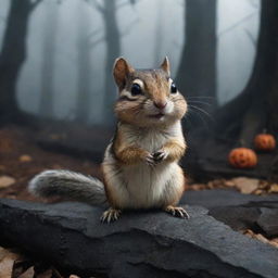 A chipmunk in a spooky, eerie environment with detailed scary elements