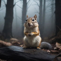 A chipmunk in a spooky, eerie environment with detailed scary elements