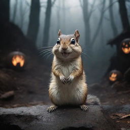 A chipmunk in a spooky, eerie environment with detailed scary elements