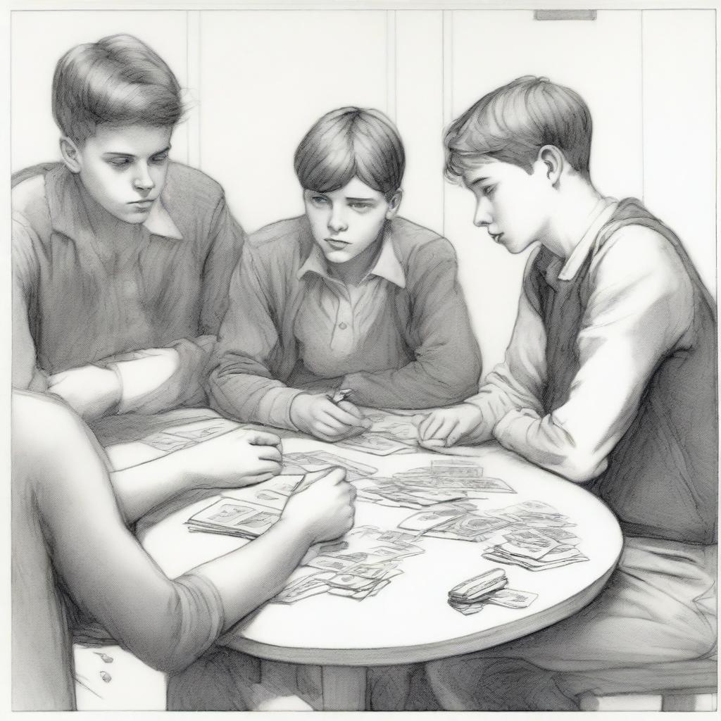 A detailed pencil drawing of highest quality, illustrating three teenage boys in a small town school setting