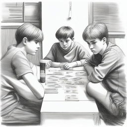 A detailed pencil drawing of highest quality, illustrating three teenage boys in a small town school setting