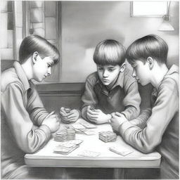 A detailed pencil drawing of highest quality, illustrating three teenage boys in a small town school setting