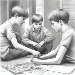 A detailed pencil drawing of highest quality, illustrating three teenage boys in a small town school setting