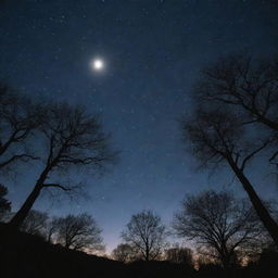 A captivating night view showcasing the twinkling stars, a radiant moon, and silhouettes of trees against the night sky