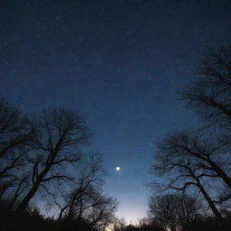 A captivating night view showcasing the twinkling stars, a radiant moon, and silhouettes of trees against the night sky