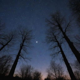 A captivating night view showcasing the twinkling stars, a radiant moon, and silhouettes of trees against the night sky