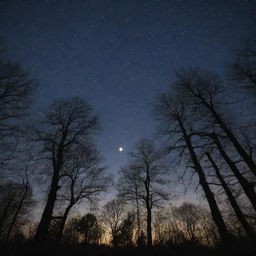 A captivating night view showcasing the twinkling stars, a radiant moon, and silhouettes of trees against the night sky