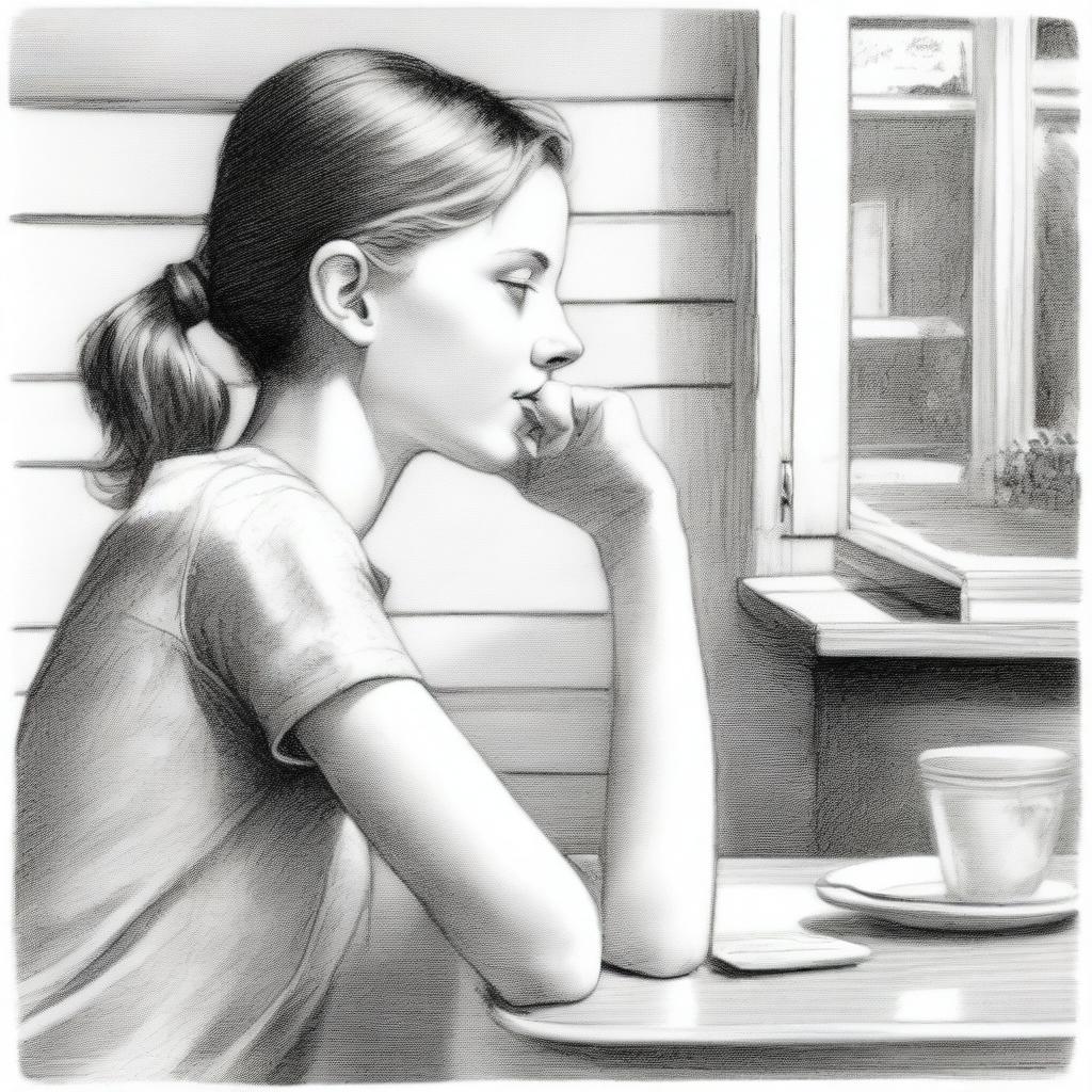 A top-tier pencil drawing presents a side view of a pretty 17-year-old girl eating a sandwich at a lunch table