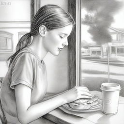 A top-tier pencil drawing presents a side view of a pretty 17-year-old girl eating a sandwich at a lunch table