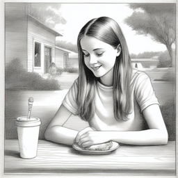 A top-tier pencil drawing presents a side view of a pretty 17-year-old girl eating a sandwich at a lunch table