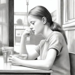 A top-tier pencil drawing presents a side view of a pretty 17-year-old girl eating a sandwich at a lunch table