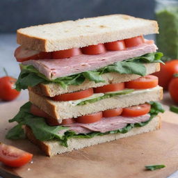 A homemade sandwich, assembled meticulously with fresh ingredients, reflecting the personal touch and unique style of the maker.