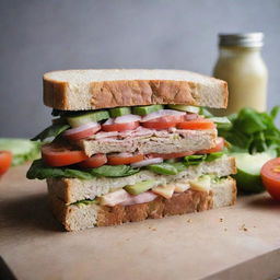 A homemade sandwich, assembled meticulously with fresh ingredients, reflecting the personal touch and unique style of the maker.